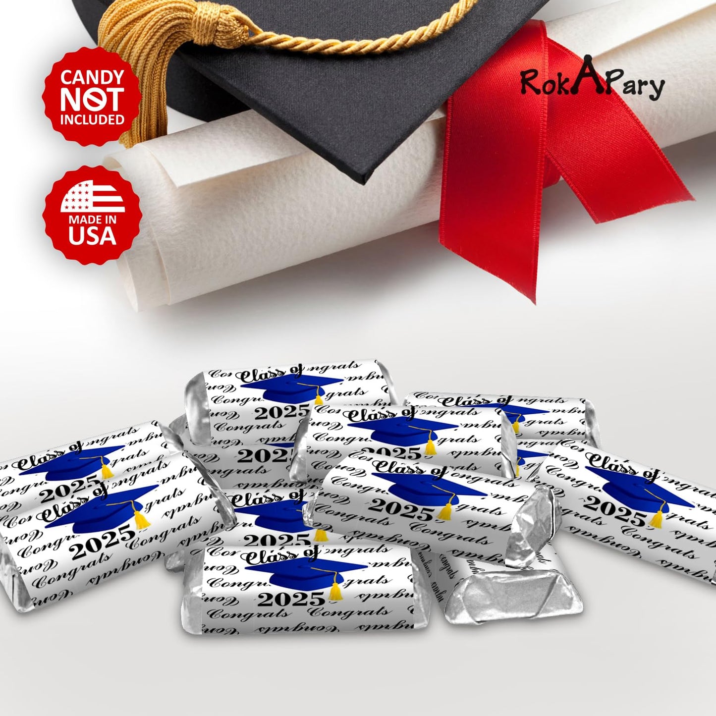 60 Graduation Cap Party Class Of 2026 Miniatures Candy Bar Wrapper, (Set Of 60) Mini Candy Chocolate Bar Stickers, Labels, Candy Not Included, Color Blue. Made In Usa
