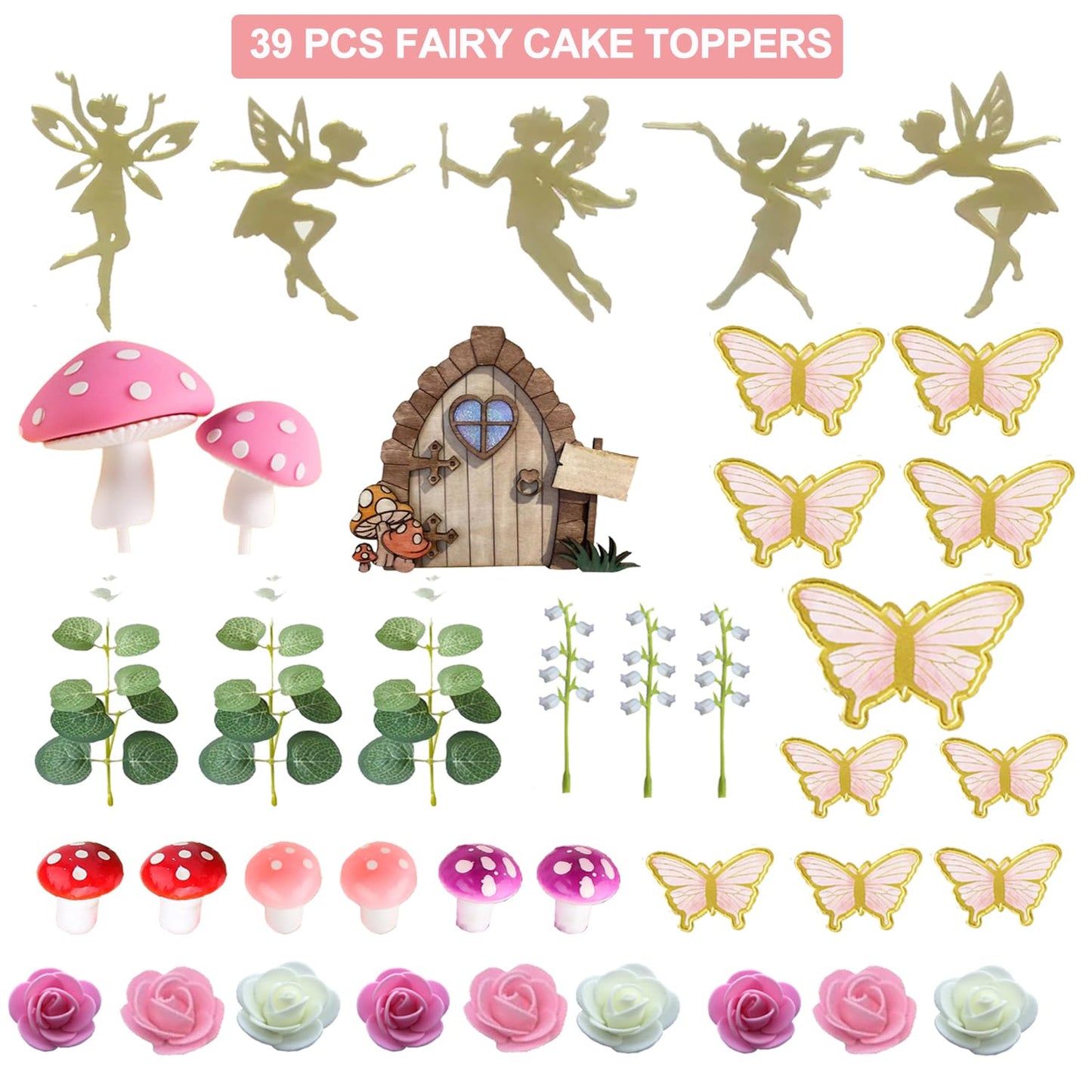 Lxasiy 39Pcs Fairy Cake Toppers Fairy Cake Decoration Pink Mushroom Door Butterfly Flowers Cake Decoration Fairy Garden Topper F