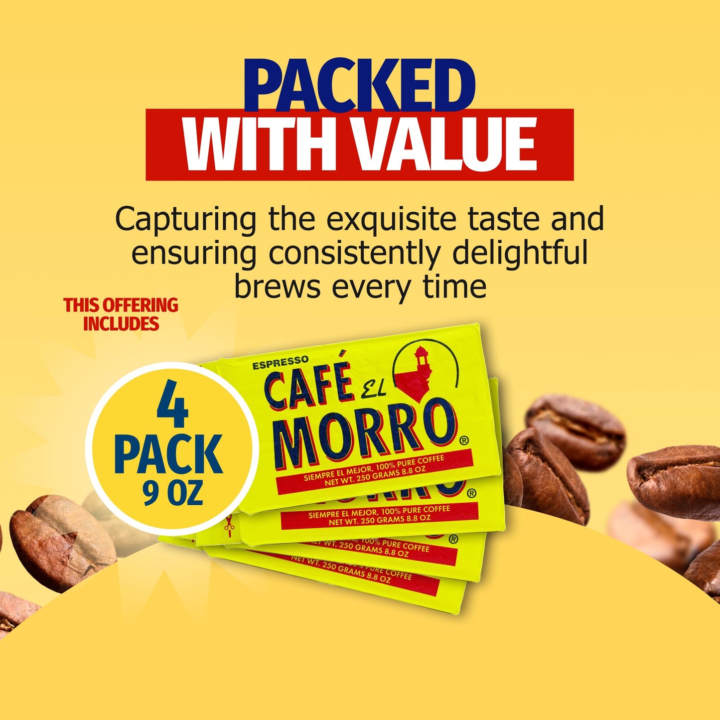 Cafe El Morro Dark Roast Espresso Coffee, Vacuum Sealed, Ground Espresso Beans, 9 oz (4 Pack)