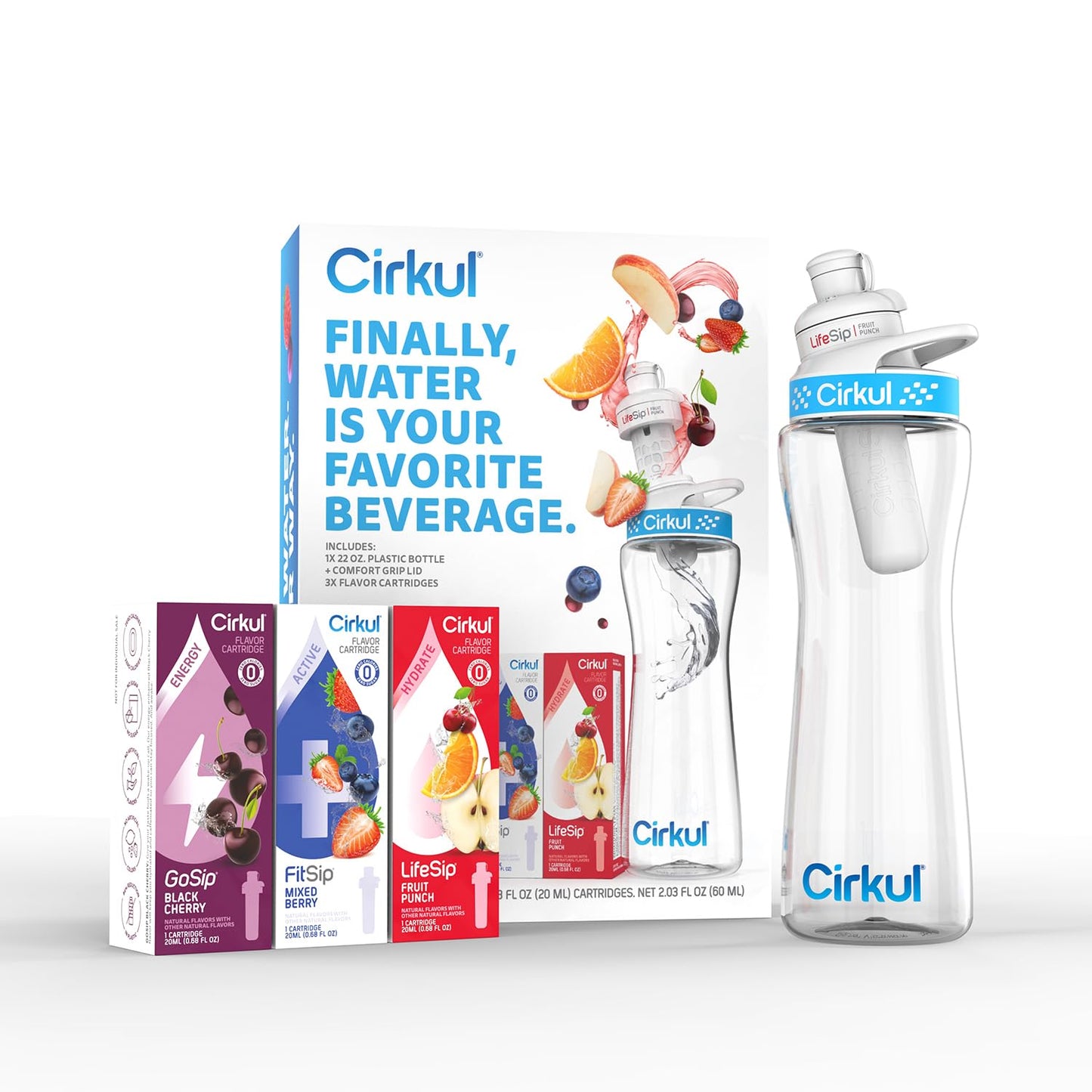 Cirkul 22oz. BPA-Free Plastic Water Bottle Starter Kit with Blue Lid, 3 Flavor Cartridges (1 LifeSip Fruit Punch, 1 FitSip Mixed