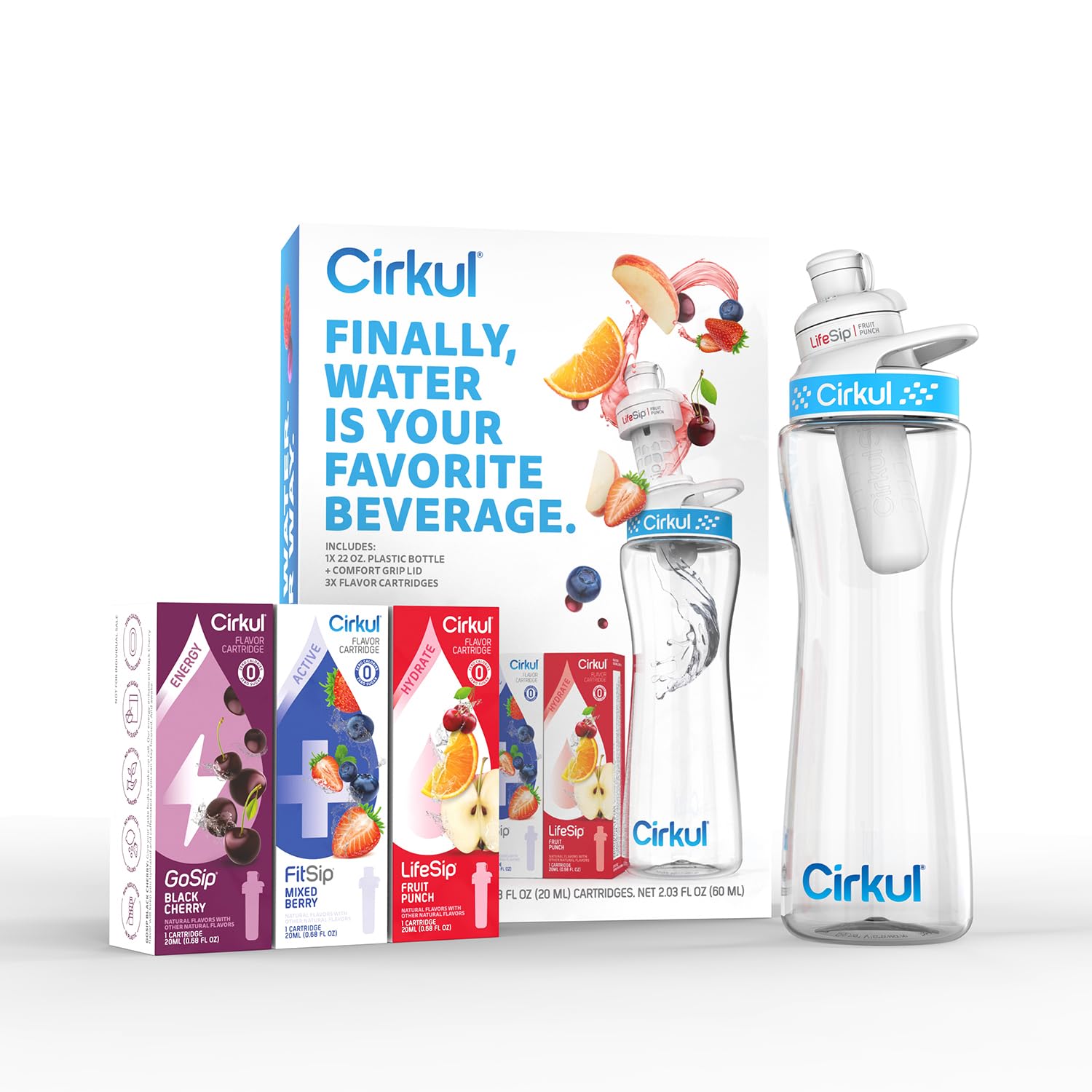 Cirkul 22oz. BPA-Free Plastic Water Bottle Starter Kit with Blue Lid, 3 Flavor Cartridges (1 LifeSip Fruit Punch, 1 FitSip Mixed