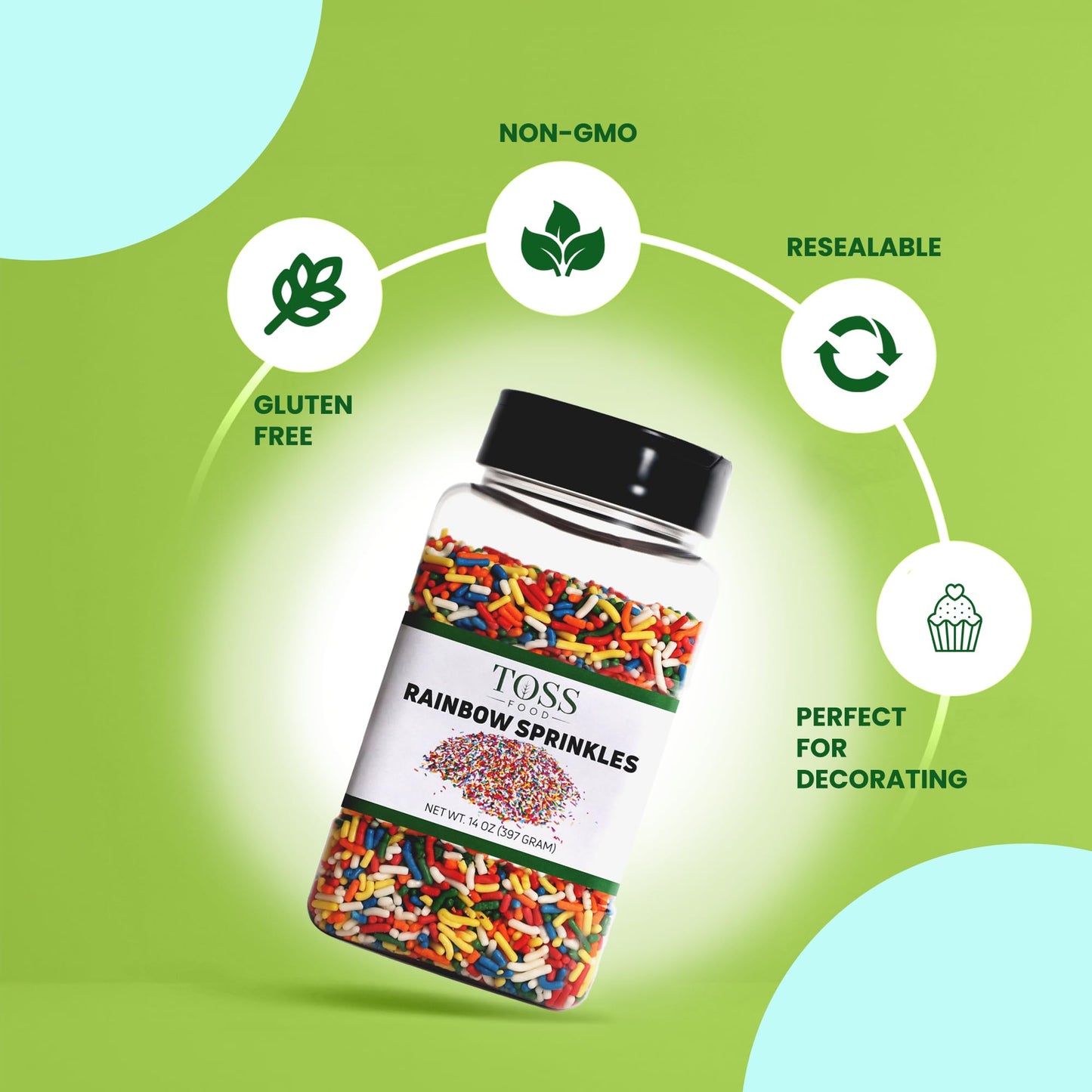 Toss Rainbow Sprinkles Jimmies, 14 Oz, Decorating Topping For Baking, Ice Cream, Cake, Cupcakes, Resealable Container