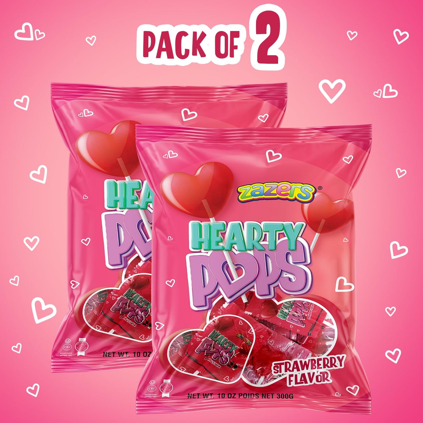Zazers Heart Shaped Strawberry Lollipops | Approx. 74 Individually Wrapped Pops | Gluten-Free, Nut-Free, Kosher | 2 Bags (300G E
