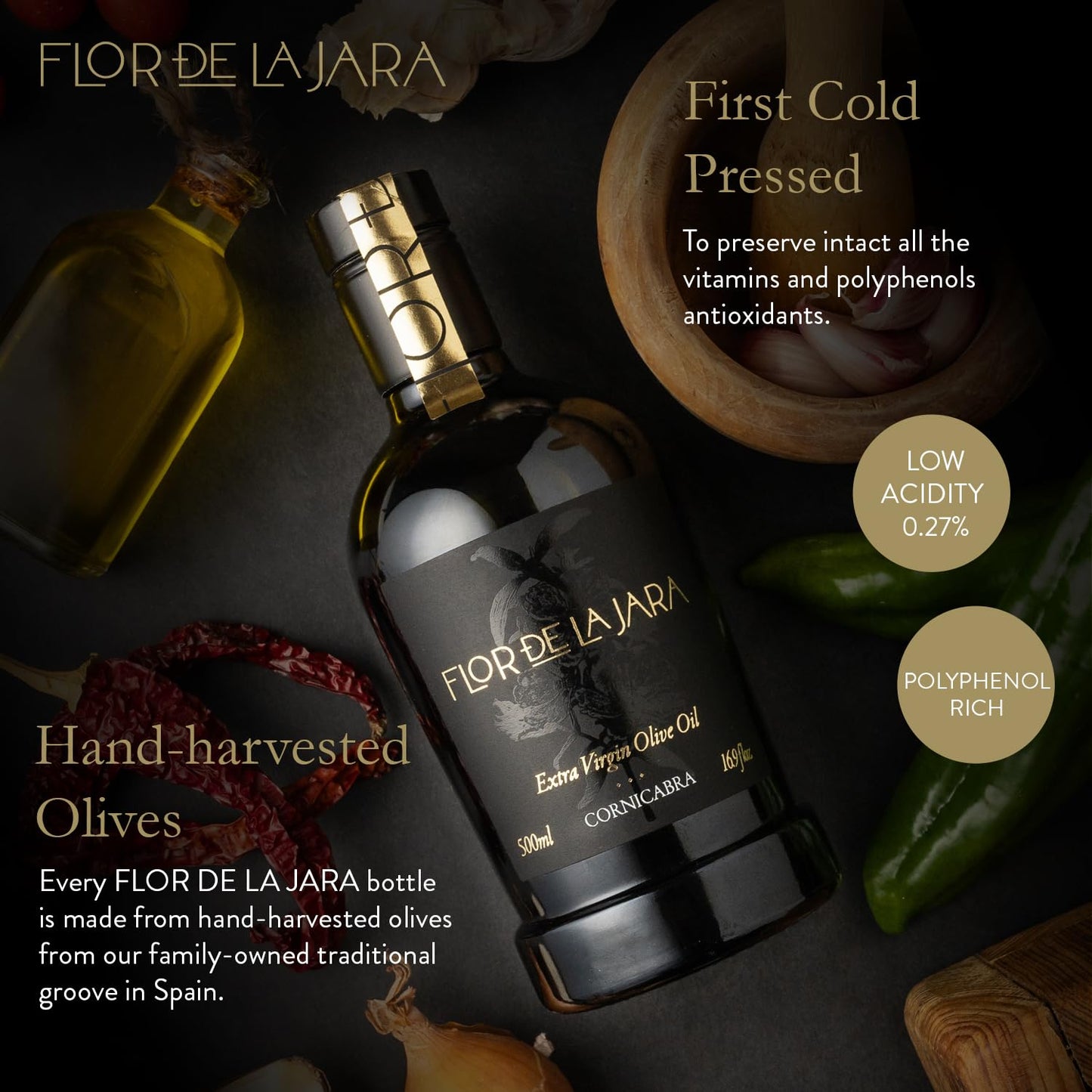 Flor De La Jara Premium Extra Virgin Olive Oil From Spain, First Cold Pressed, Polyphenol-Rich, Monovarietal Cornicabra, Hand-Ha