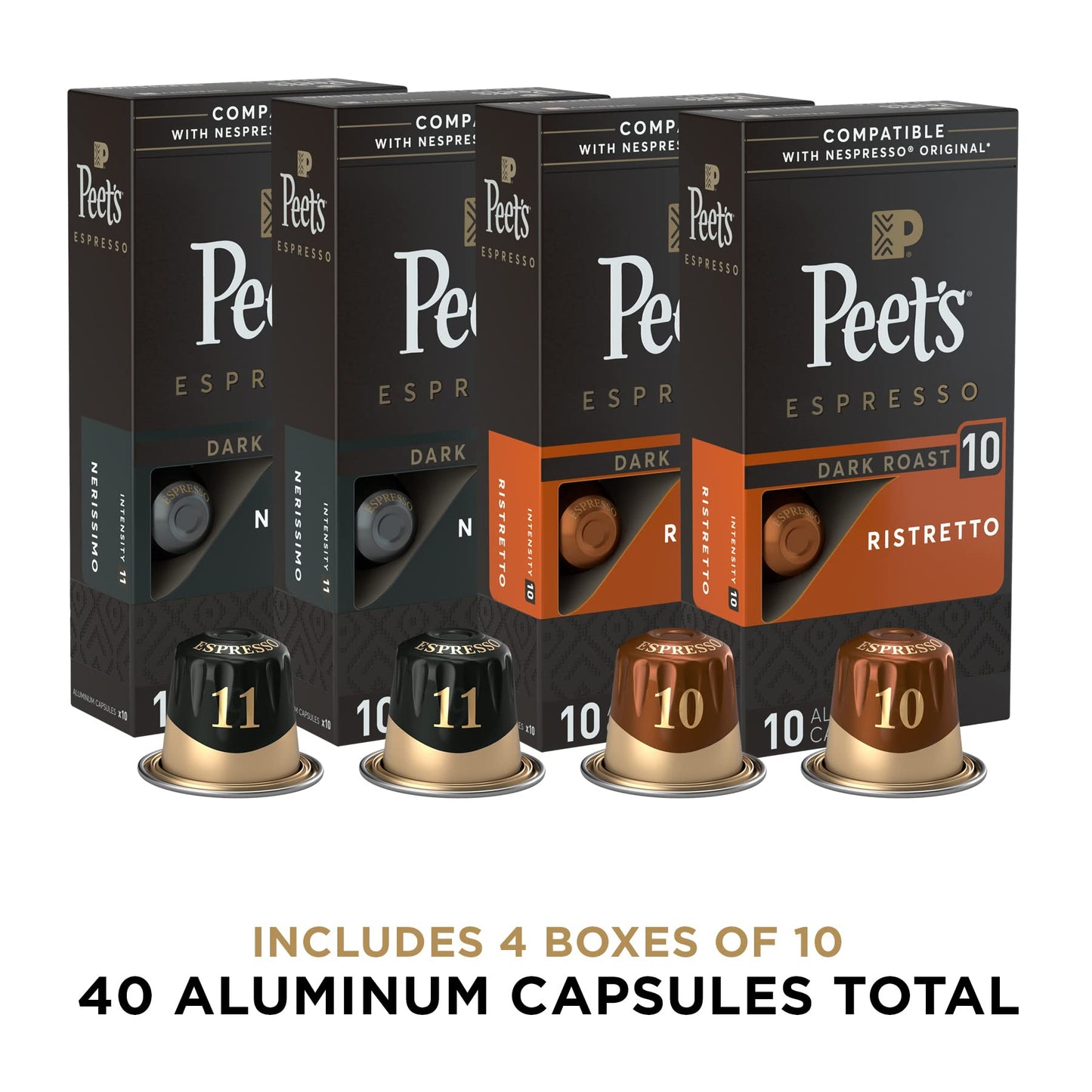 Peets Coffee Dark Roast Espresso compact pieces Variety Pack, Intensity 10-11, 40 Count (4 Boxes of 10 Pods)