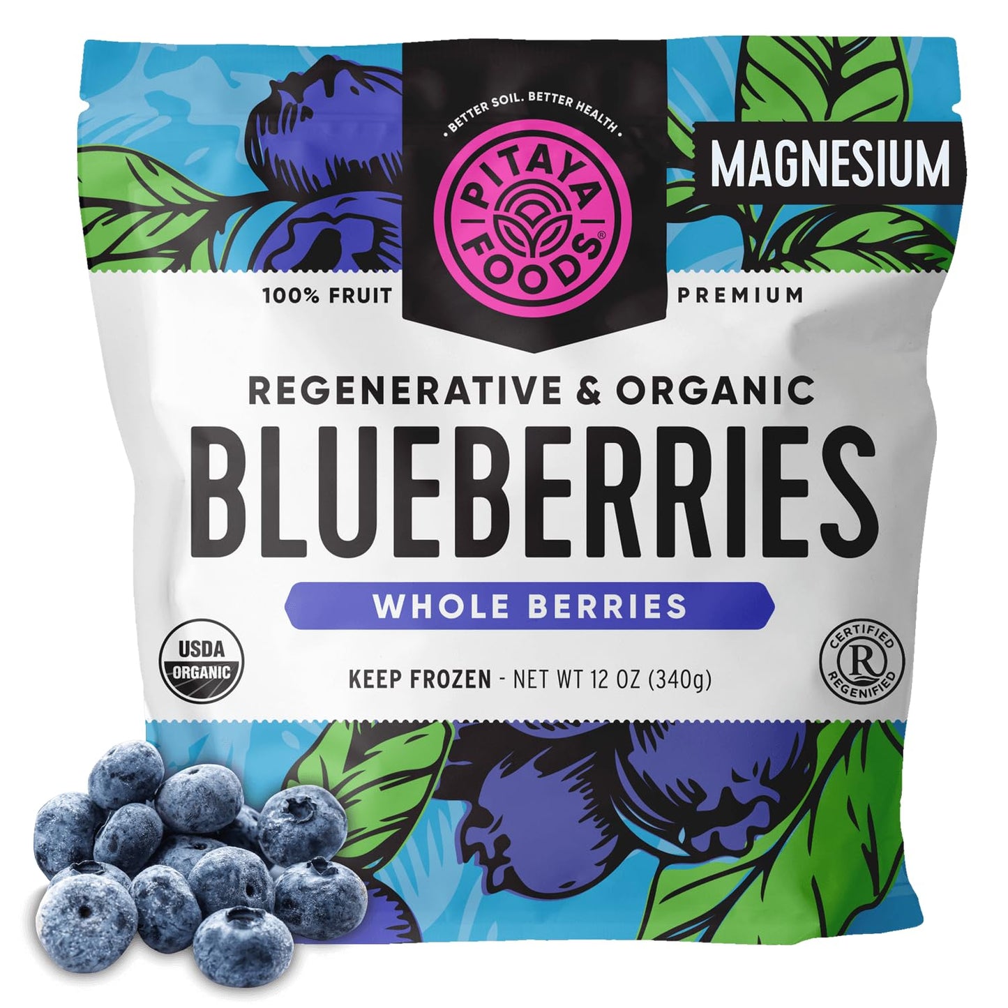 Pitaya Foods Regenerative Organic Blueberries Whole Berries, Pre-Packaged Frozen Fruit, No Added Sugar or Preservatives, Good So