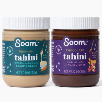 Soom Foods Sesame Tahini Paste Two Flavor Sampler: (1) Premium Sesame Tahini 11Oz And (1) Chocolate Tahini Halva Spread Tahini 12Oz | Silky Smooth Texture In Hummus, Dips, Dressings, Baked Goods | Vegan, Nut-Free, Gluten-Free