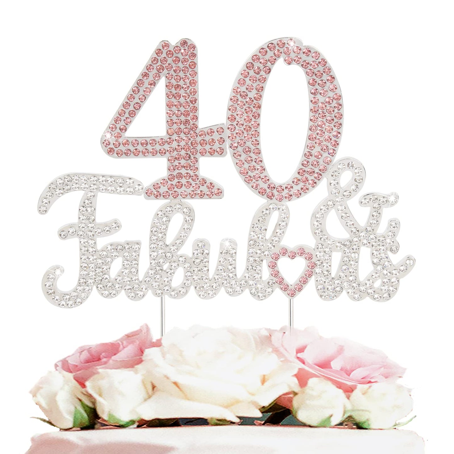 Laskyer 40 & Fabulous Silver Pink Rhinestone Cake Topper - Happy 40Th Birthday Cheers To Forty Years Old Bday Party Metal Sparkl