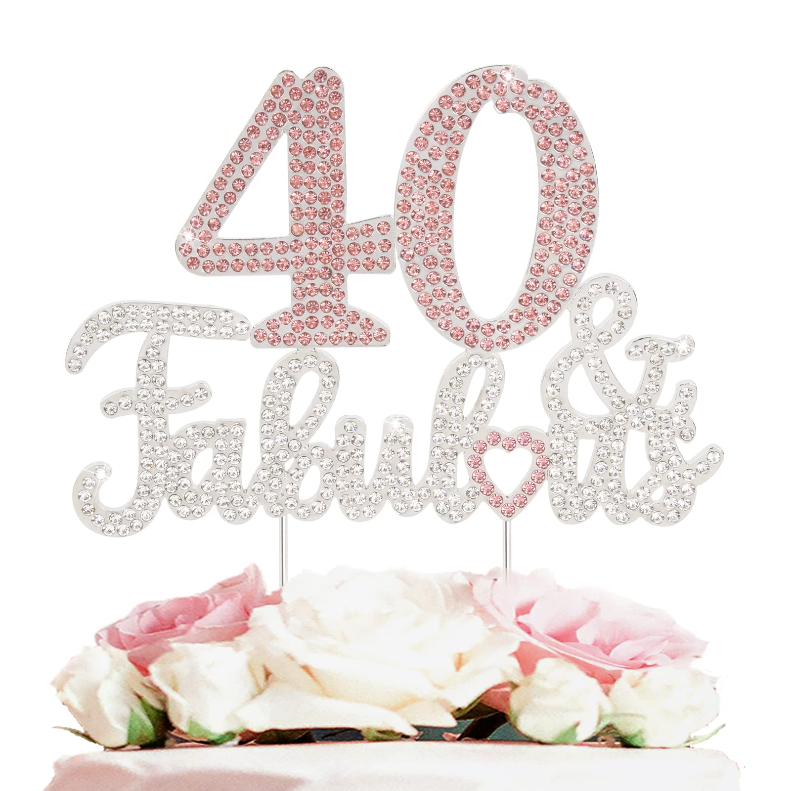 Laskyer 40 & Fabulous Silver Pink Rhinestone Cake Topper - Happy 40Th Birthday Cheers To Forty Years Old Bday Party Metal Sparkl