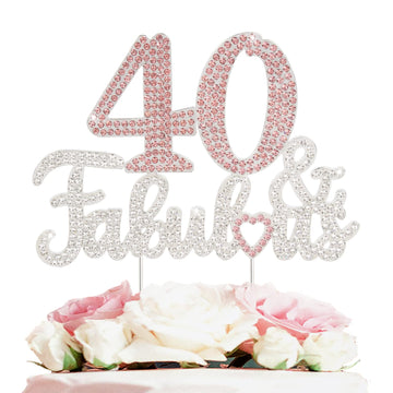 Laskyer 40 & Fabulous Silver Pink Rhinestone Cake Topper - Happy 40Th Birthday Cheers To Forty Years Old Bday Party Metal Sparkl