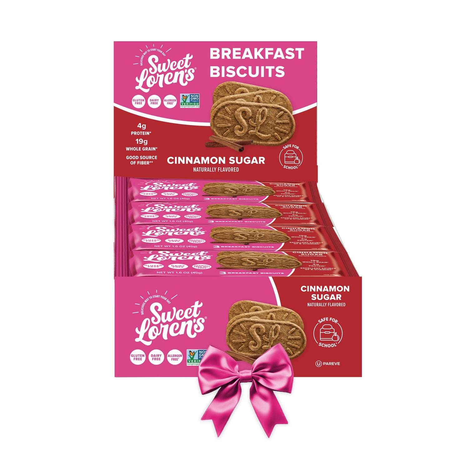 Sweet Lorens Vegan Breakfast Biscuits | Cinnamon Sugar | 4g Protein  19g Whole Grains | Plant Based  Gluten Free  Dairy Free  Nut Free Snacks | Grab & Go 8 Pack (24 Total Biscuits  1.6 ounce each)