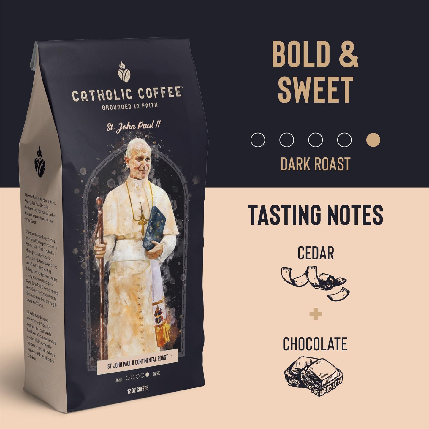 Catholic Coffee Pods - Pope St. John Paul II Peruvian Dark Roast, Cedar & Chocolate Notes, 12 Count