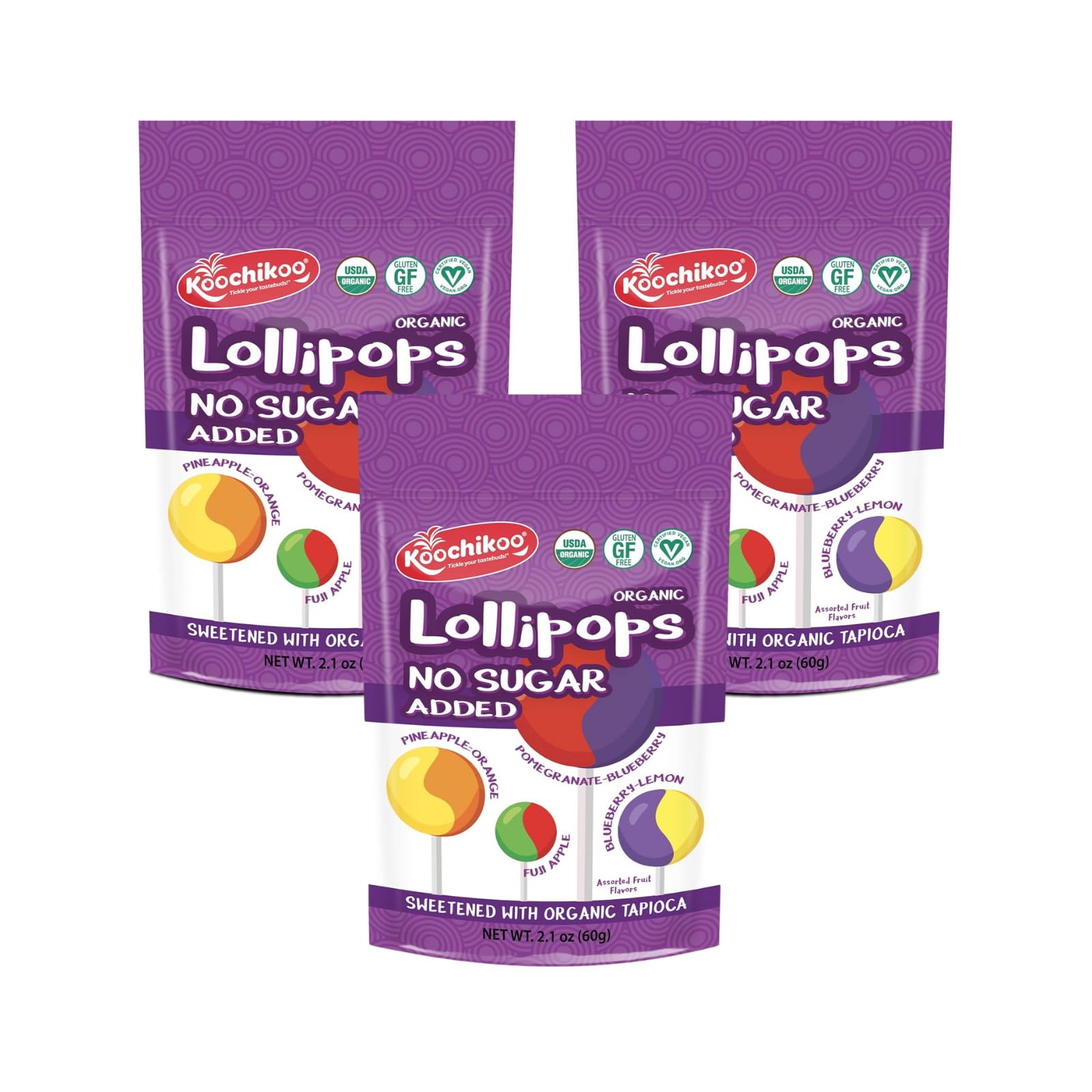 Koochikoo Organic & Sugar Free Lollipops Pouch, Assorted Fruit Flavors, No Sugar Added, Gluten Free & Vegan (10 Count (Pack Of 3