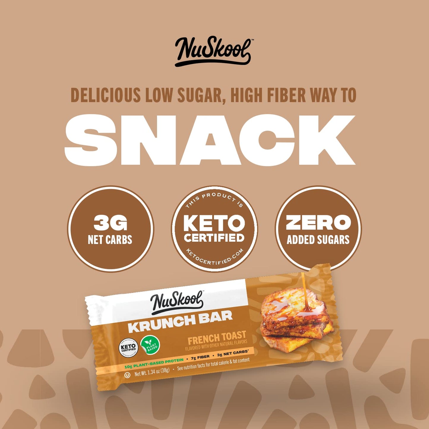 NuSkool Snacks French Toast Keto Friendly Protein Krunch Bars (12 Pack) - 7g Fiber, 10g Clean Plant-Based Protein, 3g Net Carbs
