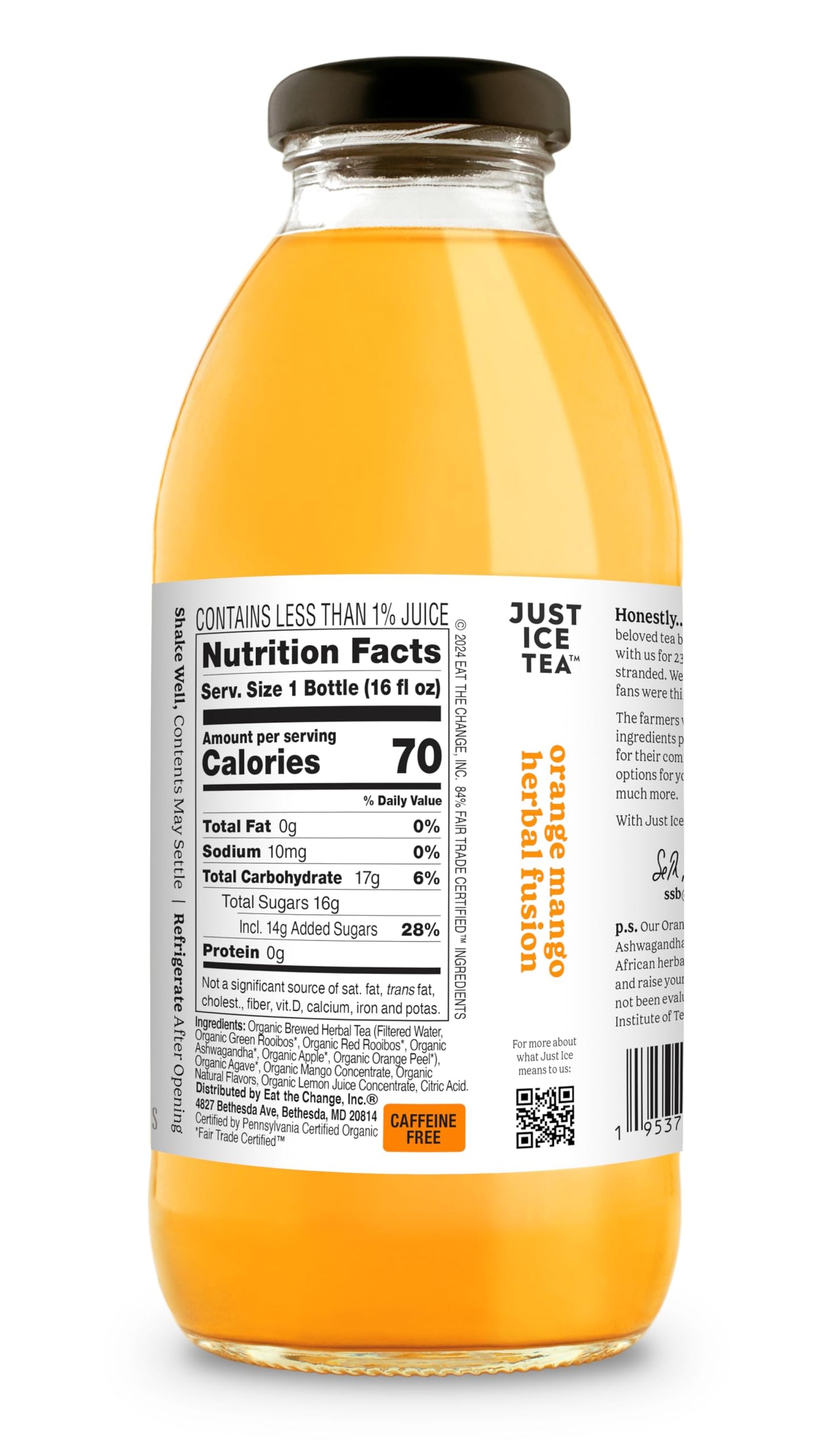 Just Ice Tea Organic Orange Mango Herbal Fusion Tea  16 FZ