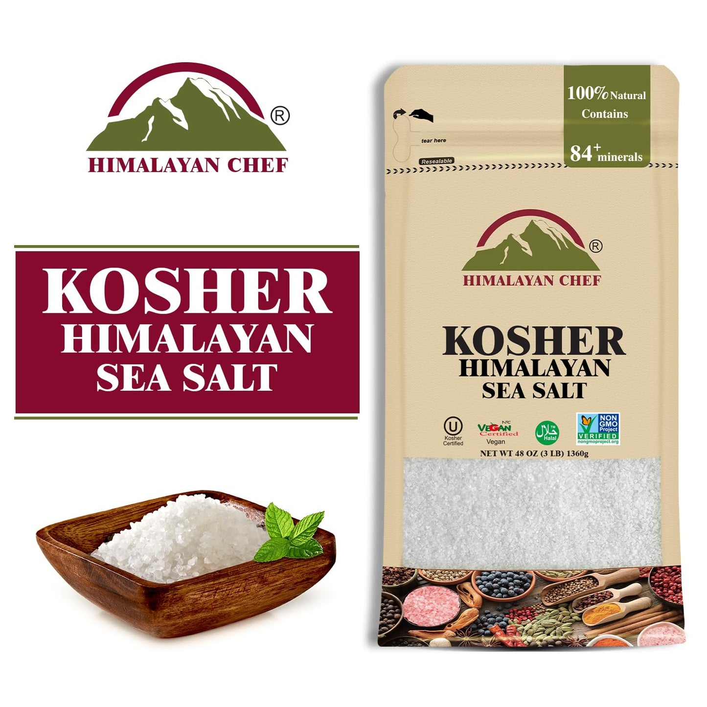 Himalayan Chef Kosher Sea Salt, Fine Grain Kosher Salt, Replacement for Table Salt, Non-Iodized, Unrefined, Non-GMO, All-Natural