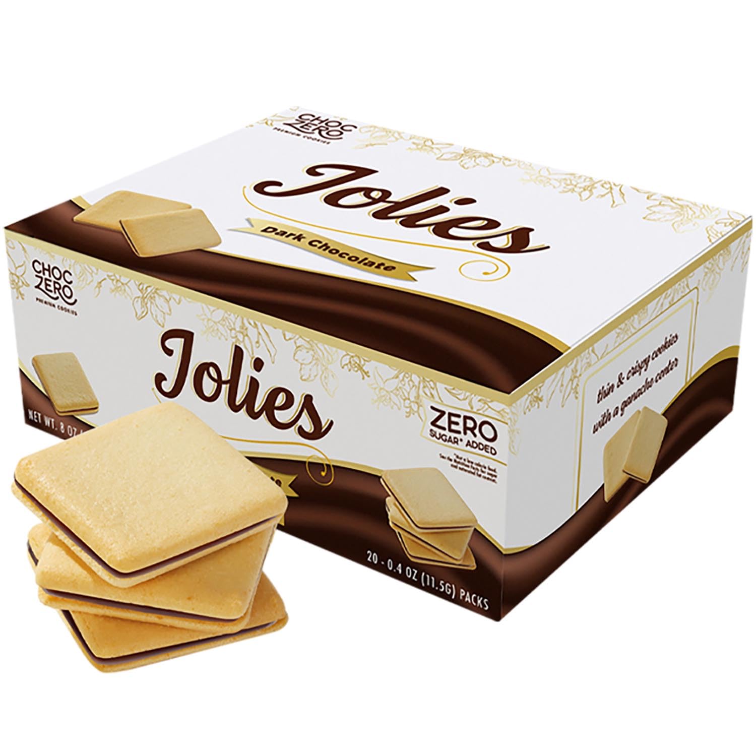 ChocZero Chocolate Cookies, Dark Chocolate Jolies, Gluten Free, No Added Sugar, 20 Crispy Chocolate Filled Keto Cookies Per Box,