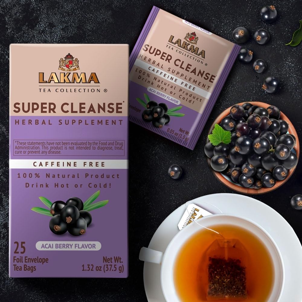 HYLEYS Tea Super Cleanse Tea - Caffeine Free, 25 Tea Bags, Acai Berry Flavor, GMO Free, Gluten Free, 100% Natural