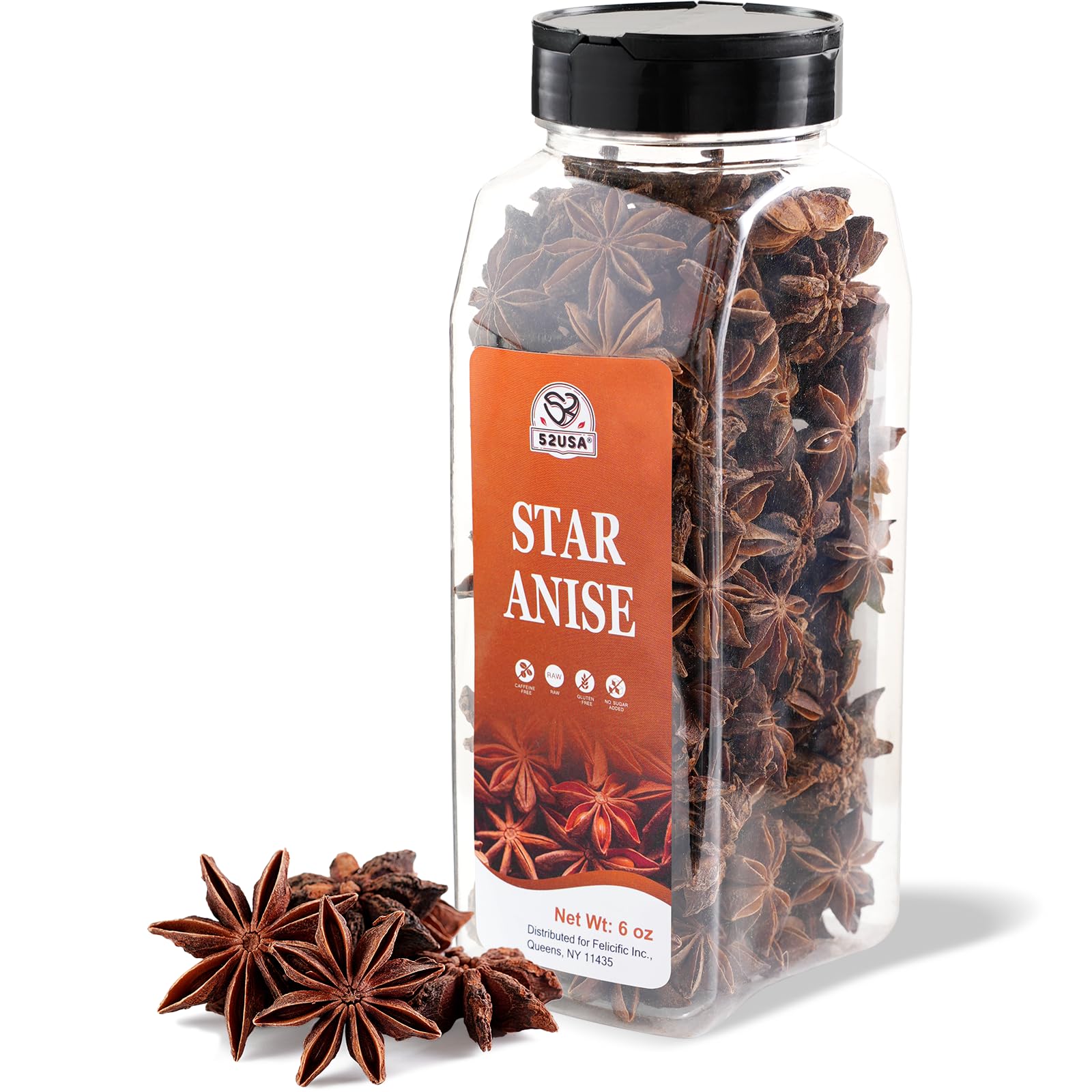 52USA Star Anise, 6oz - Whole Dried Star Anise Pods in Bottle, Aromatic Spice for Cooking, Baking, and Teas