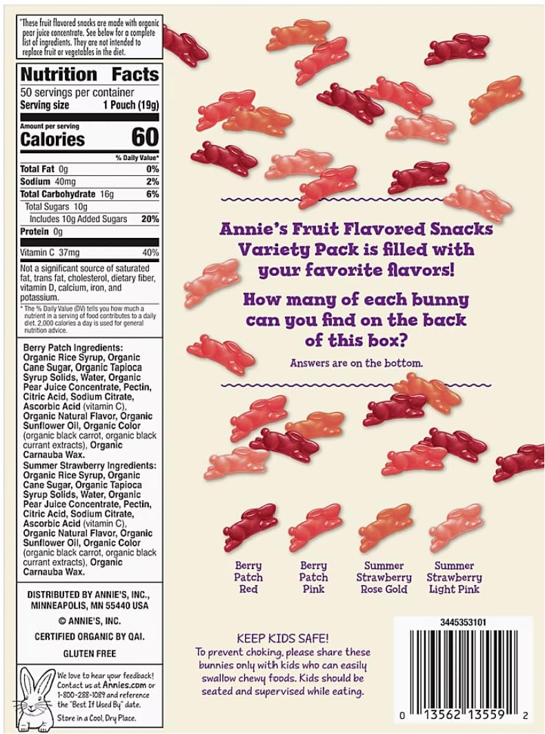 Annie'S Fruit Snacks Variety 50 Pack Size Organic Fruit Flavoured Snacks Berry Patch And Summer Strawberry, Pack Of 50 Pouches,