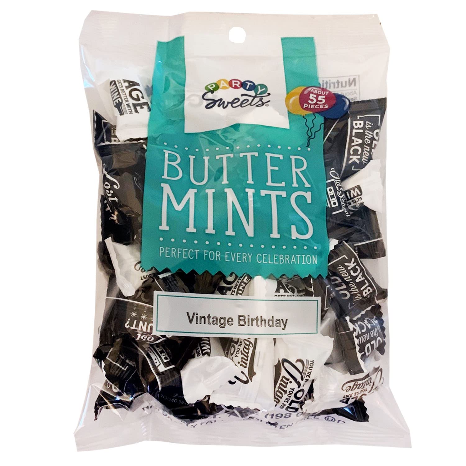 Party Sweets Vintage Birthday Themed Buttermints By Hospitality Mints, Individually Wrapped, 7 Oz. Bag Pack Of 6 (330 Pieces), White Buttermints