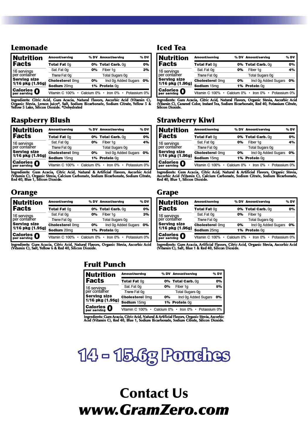 GramZero Variety, Sugar Free Drink Mix, Pitcher Pack, Great For Nutrition Club Loaded Tea, Zero Calorie, Stevia Sweetened