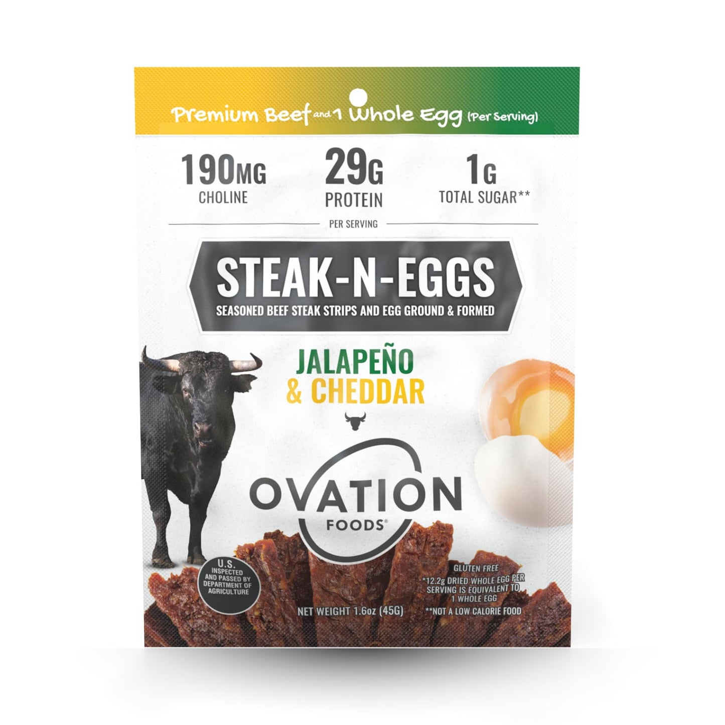 Ovation Foods Steak-N-Eggs Beef Layers  1G Sugar  High-Protein Jerky (29G Top-Grade Protein)  Gluten Free  Keto  190 Mg Choline  Paleo 1.6Oz Bag (4 Count) - Jalapeno Cheddar