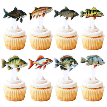 Cyodoos 24pcs Fish Cupcake Toppers Go Fishing Theme Decorations Baby Shower Boys Girls Happy Birthday Party Tropical Party Cake 