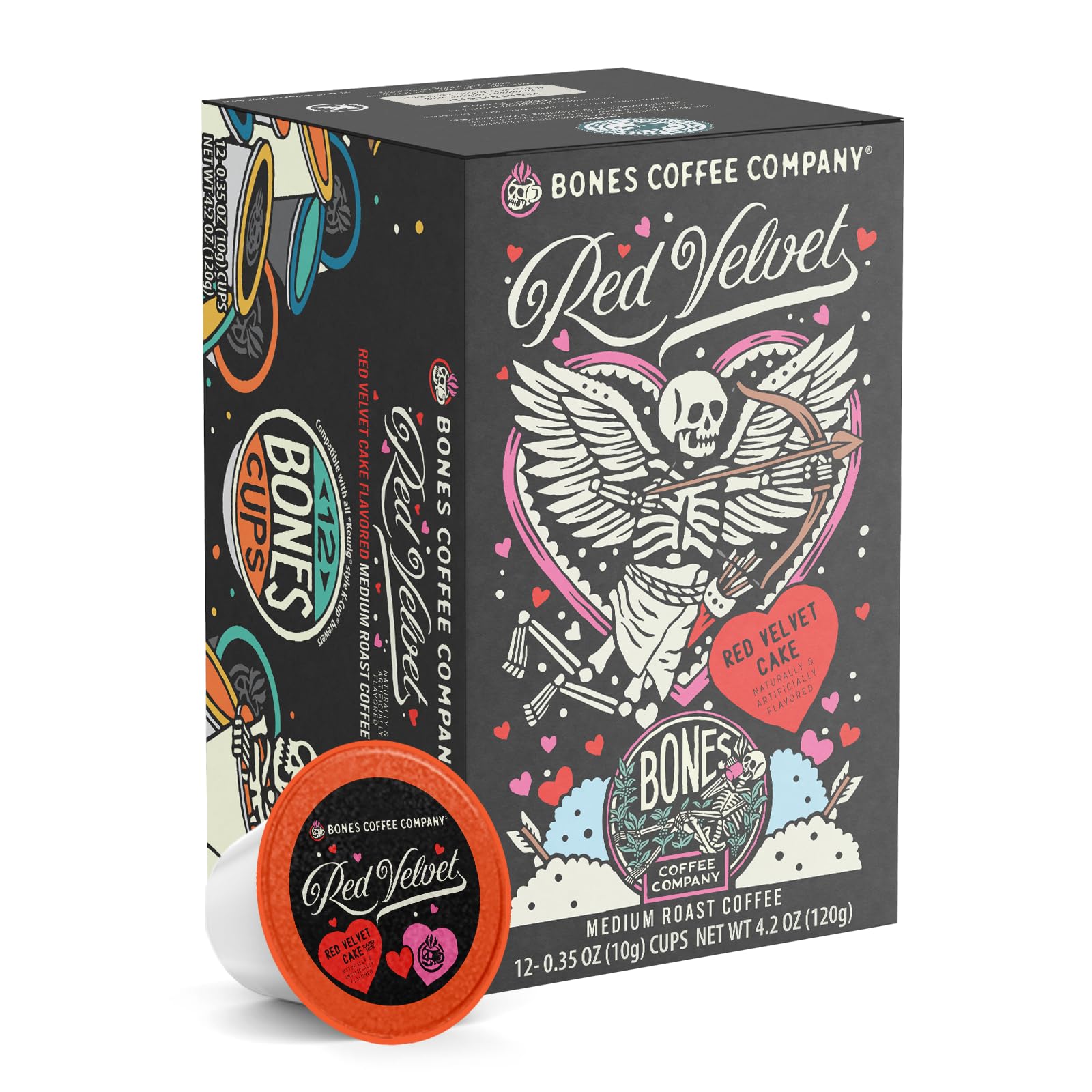 Bones Coffee Company Red Velvet  Red Velvet Cake Flavored Coffee Pods  Low Acid Medium Roast Single-Serve Bones Cups  Compatible With 1.0 & 2.0 K-Cups Beverage Makers Coffee Maker  12 Count