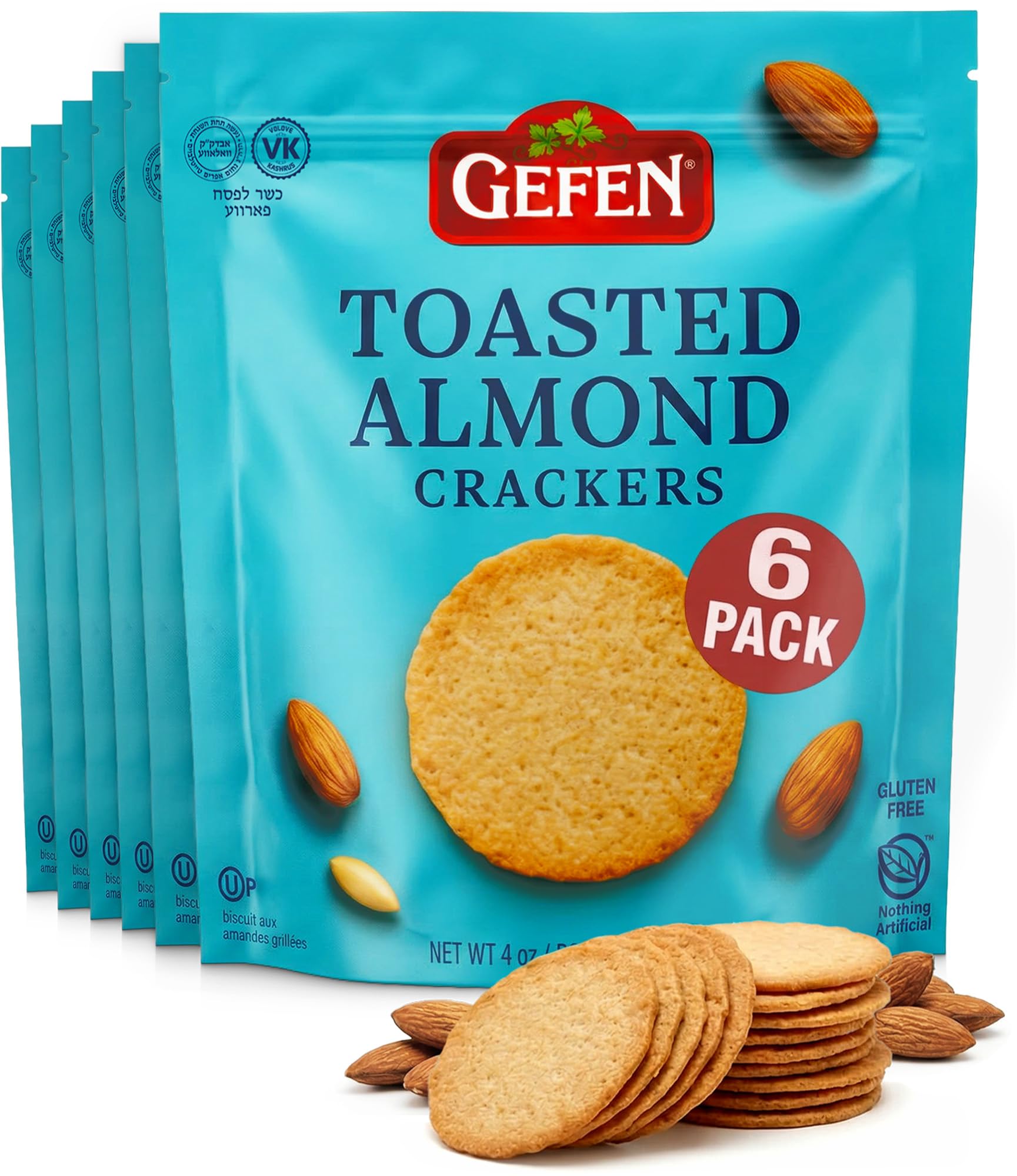 Gefen Toasted Almond Crackers, 4 oz (6 Pack) | Gluten Free Snack Crackers | Kosher for Passover | Crispy Toasted Almond Flavor C