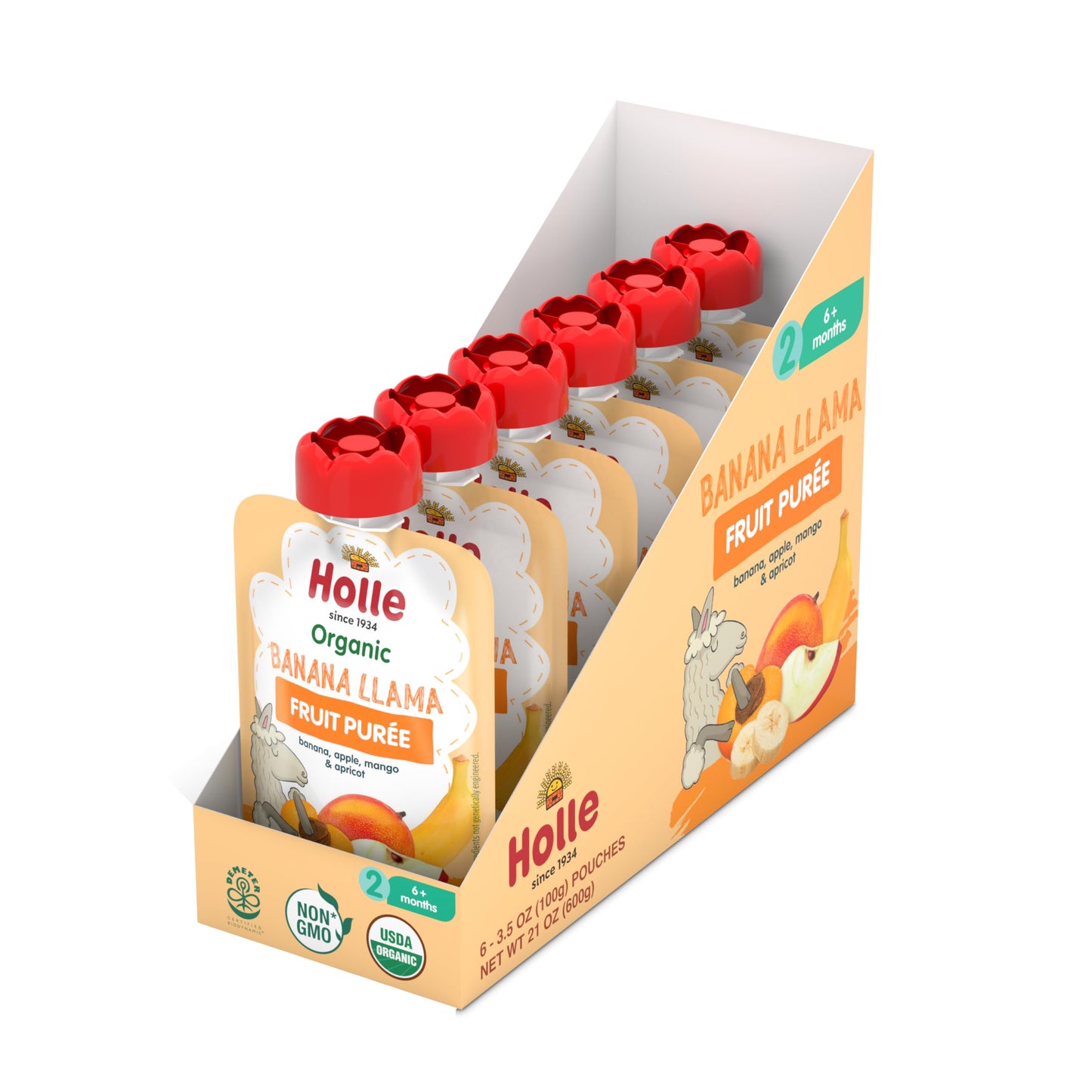 Holle Organic Baby Food Pouches - Banana Llama Baby Puree With Banana, Apple, Mango And Apricot - (6 Pack) Organic Baby Snacks + Fruit And Veggie Pouches For Weaning Babies 6 Months And Older