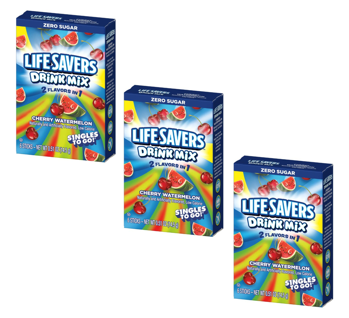 SINGLES TO GO! Cherry Watermelon Drink Mix - Powdered Drink Mix - Pack of 3 (18 Total Servings) - 0.63 Ounce Each