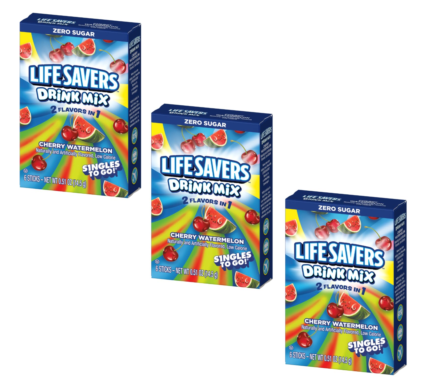 SINGLES TO GO! Cherry Watermelon Drink Mix - Powdered Drink Mix - Pack of 3 (18 Total Servings) - 0.63 Ounce Each