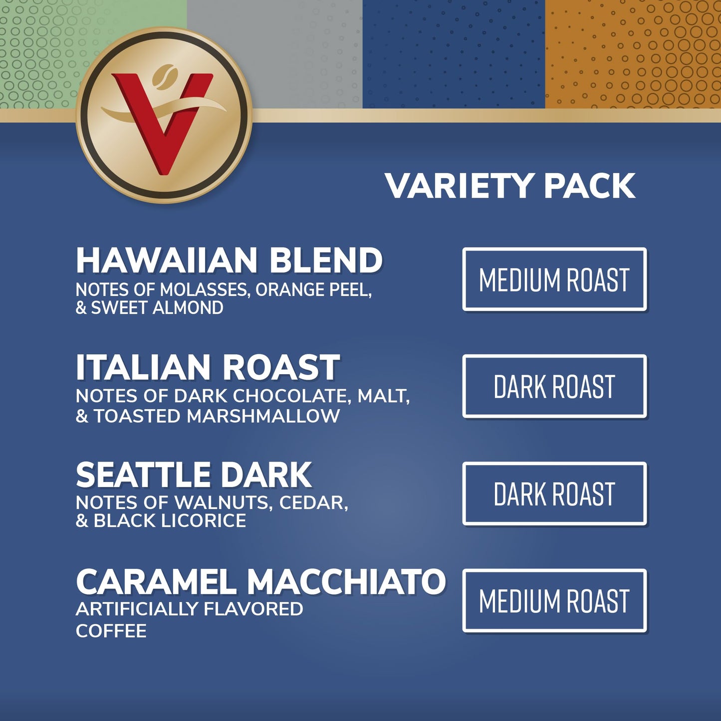 Victor Allens Coffee Variety Pack, Single Serve Pods, 96 Count, Kona Blend, Italian Roast, Seattle Dark, Caramel Macchiato, Brown