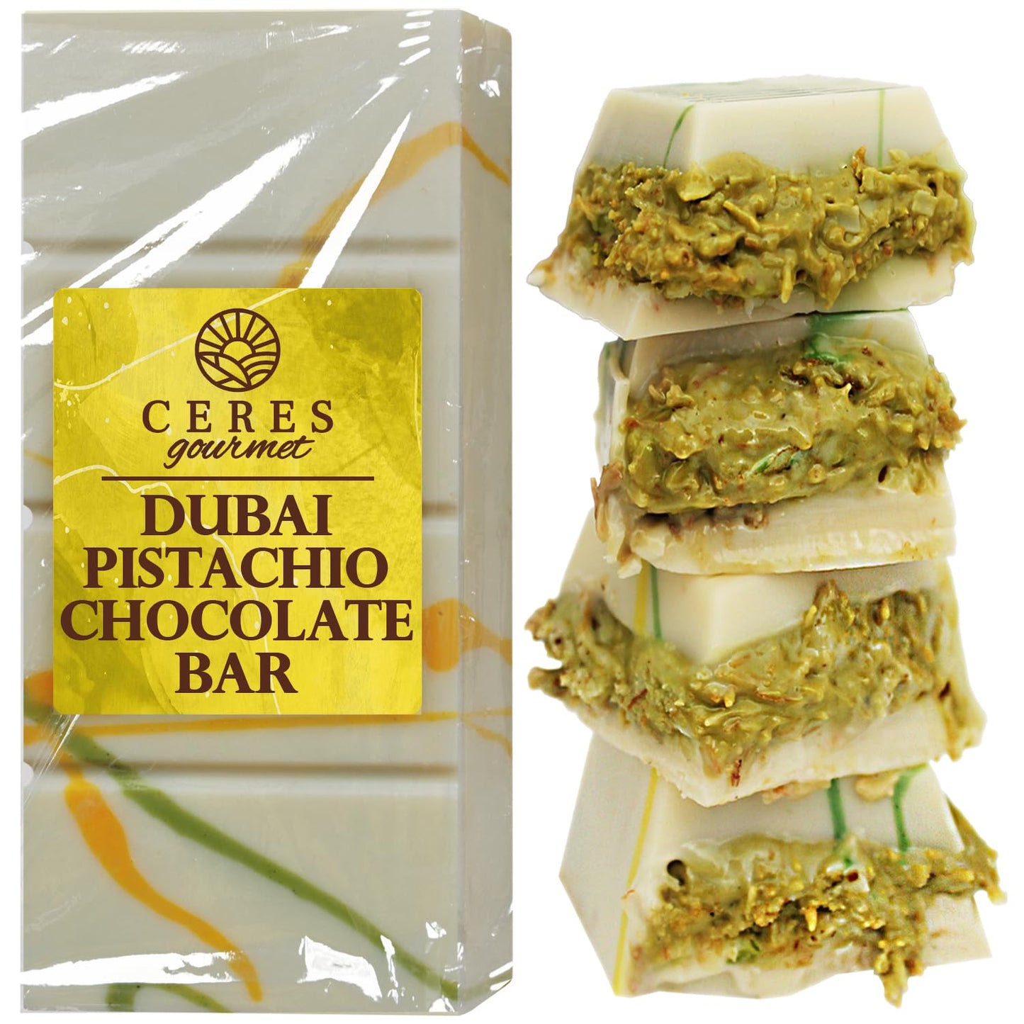 Ceres Gourmet Dubai Chocolate Bar Pistachio 3.5 Oz with White Chocolate Knafeh, Perfectly Portioned Packaging Dubai Chocolate, P