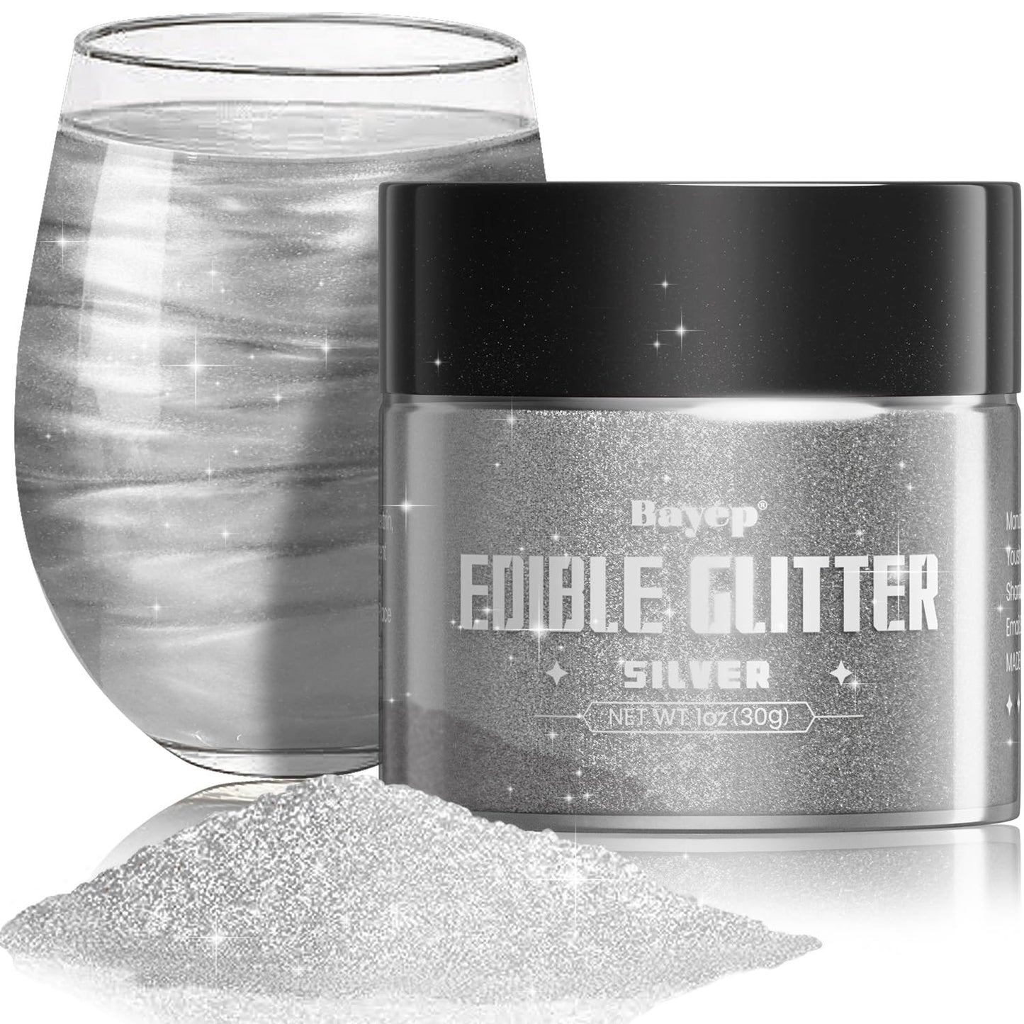bayep Shimmer Silver Edible Glitter for Drinks and Cakes, 30g Luster Dust
