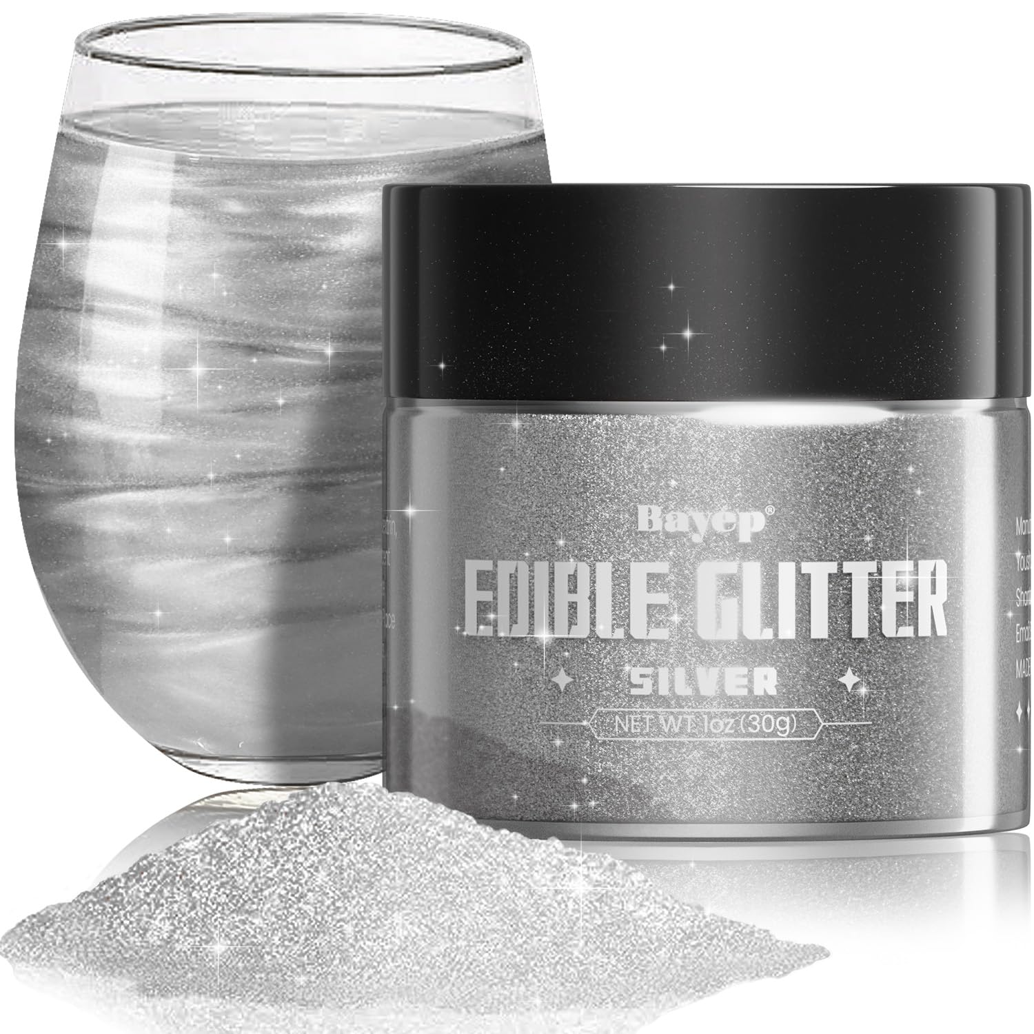 bayep Shimmer Silver Edible Glitter for Drinks and Cakes, 30g Luster Dust