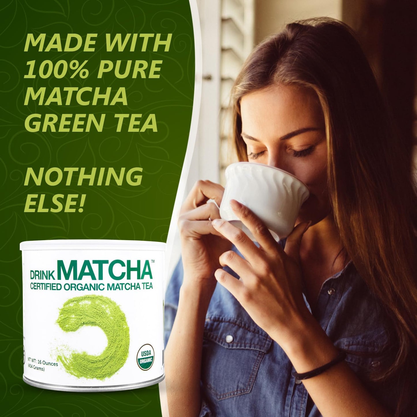 DrinkMatcha Organic Matcha Green Tea Powder 1 LB 100% Pure Matcha | Nothing Added | Perfect for Lattes, Smoothies, Baking (16 Ou