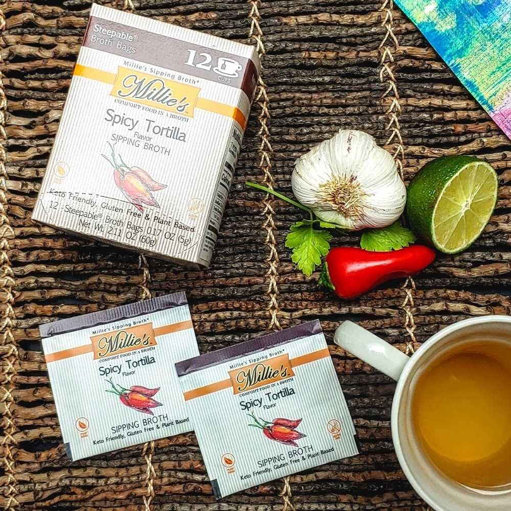 MILLIES SPICY TORTILLA SIPPING BROTH| Vegetable Broth with Savory Seasonings for Snack Urges | Vegan  Keto  Gluten Free  Intermittent Fasting  and natural | (6 Pack - 72 Broth Bags Total)