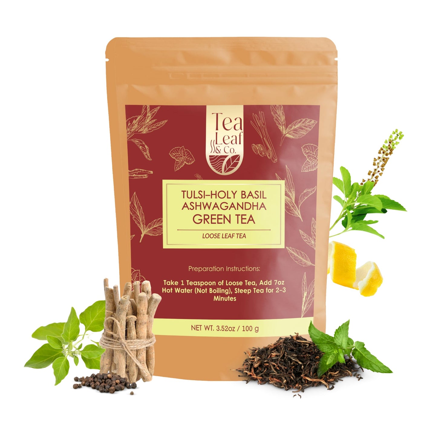 Tea Leaf & Co. Tulsi Holy Basil Green Tea with Lemon Peel, Lemongrass & Black Pepper - 50 Servings, Gluten Free, Loose Leaf