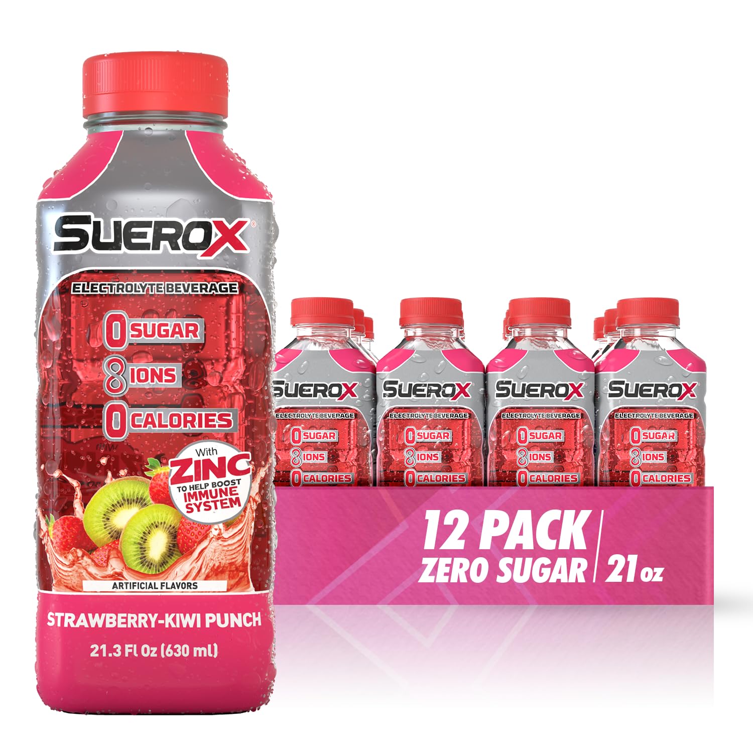 SueroX Electrolyte Drink, Zero Sugar, Strawberry-Kiwi Punch, 21.3 Fl Oz, Pack of 12