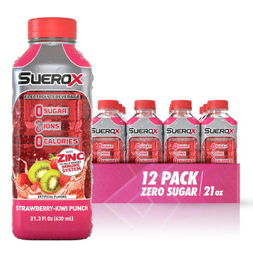 SueroX Electrolyte Drink, Zero Sugar, Strawberry-Kiwi Punch, 21.3 Fl Oz, Pack of 12