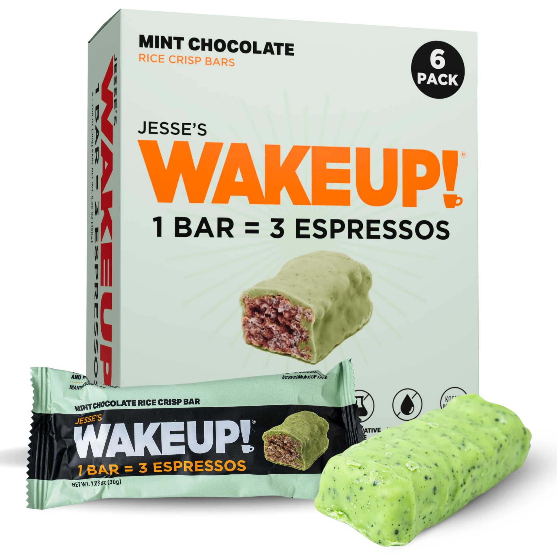 Wake Up! Mint Chocolate Caffeinated Protein Bars - 350Mg Natural Energy Blend Per Bar (3 Espressos) - Gluten-Free  Vegetarian  Kosher Ingredients - Energy Support Snack - 6 Pack