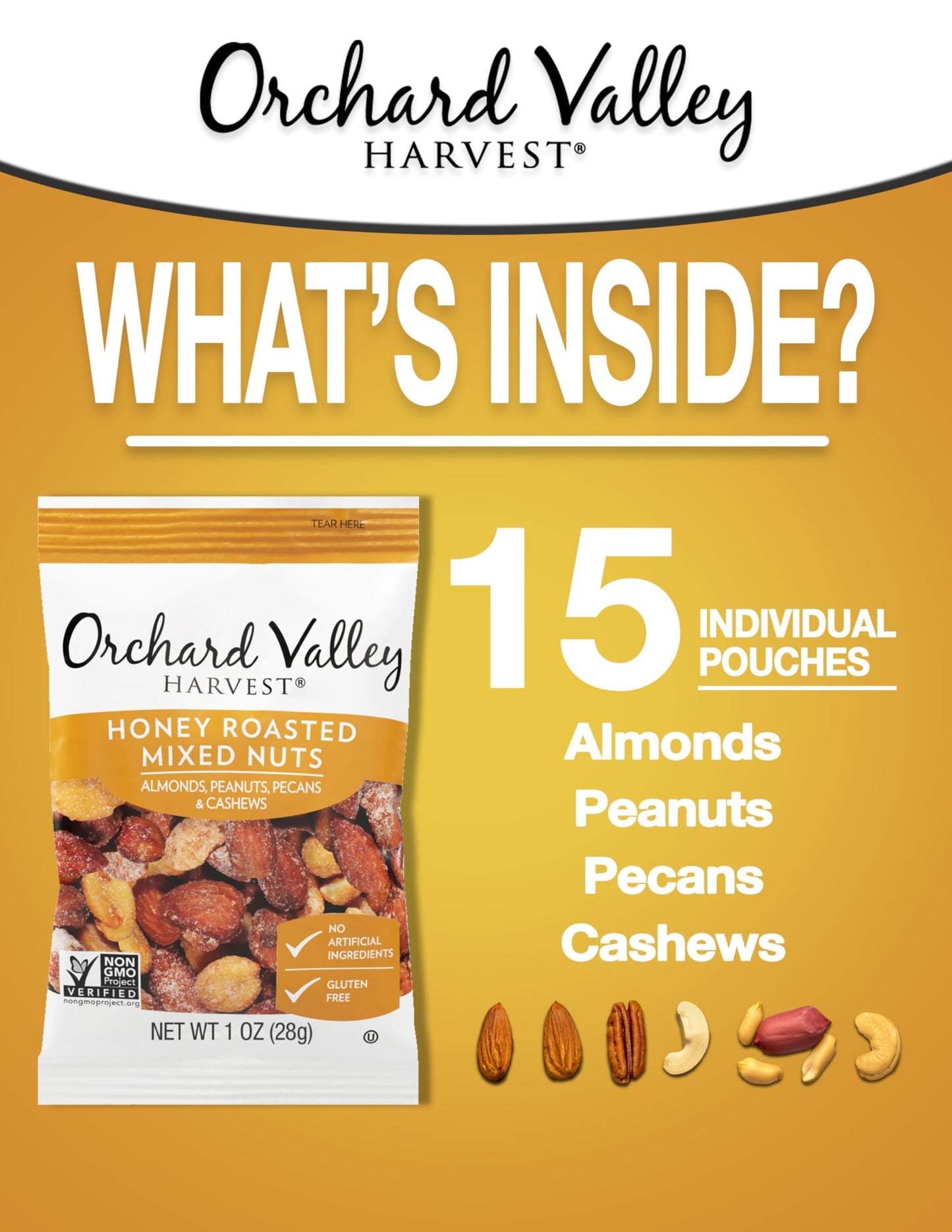 Orchard Valley Harvest Honey Roasted Mixed Nuts, 1 Ounce Bags (Pack of 15), Almonds, Peanuts, Pecans, and Cashews, Gluten Free,