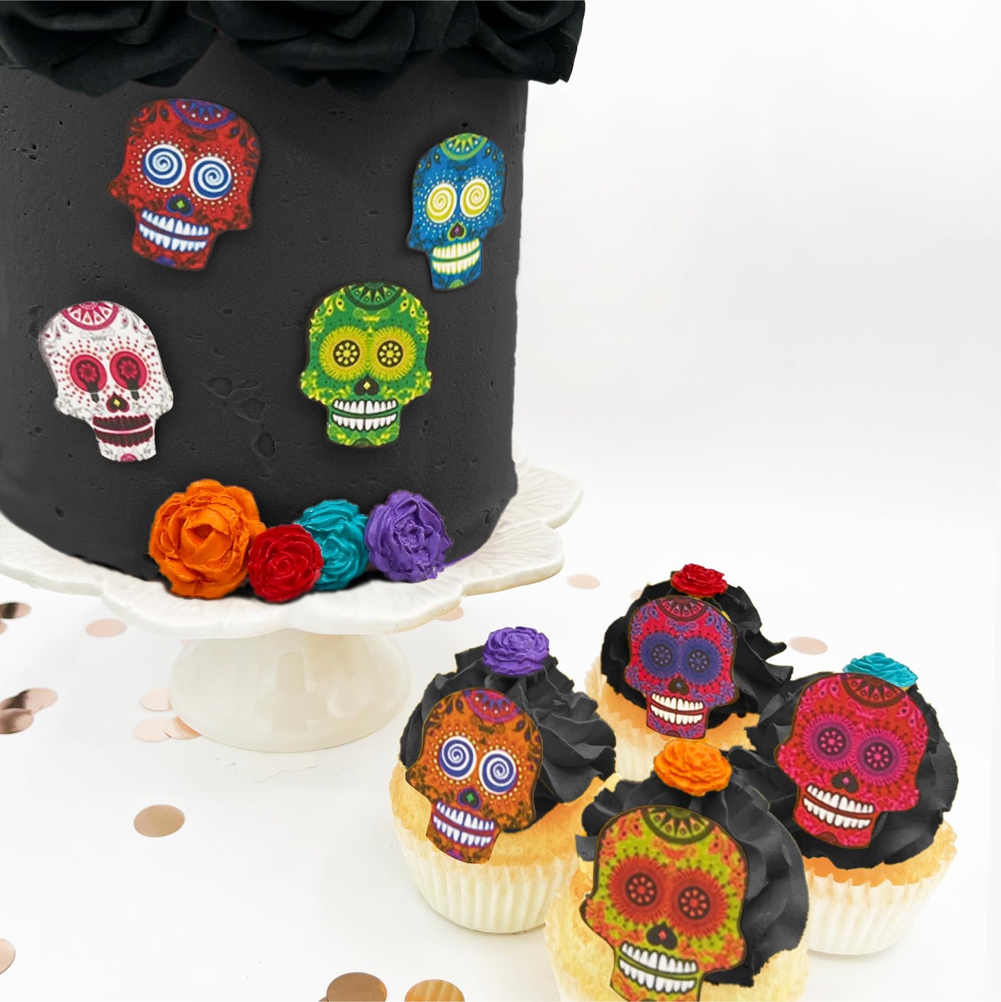 Sugar Robot Inc. Edible Halloween Cake Toppers - Sugar Skulls Set of 24 - 2.5 inches - Small Skulls - Paper