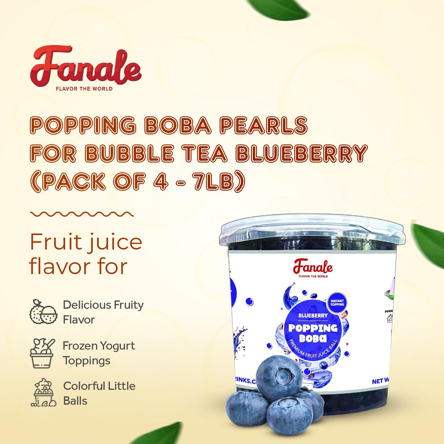Fanale Popping Boba Pearls for Bubble Tea - Blueberry Flavor - 7 lb Bursting Boba Pearls for Shakes, Dessert, Smoothies