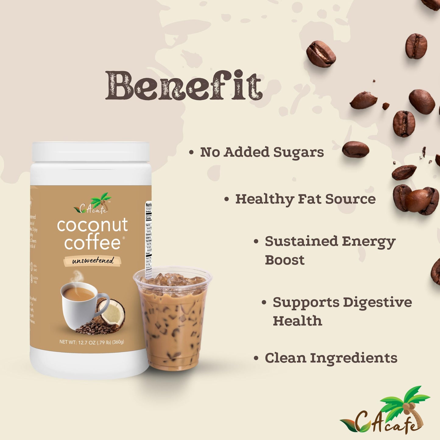 CAcafe Coconut Coffee Unsweetened, Coconut Infused, 12.7oz Drink Mix, No Added Sugar, Antioxidants, Natural Energy