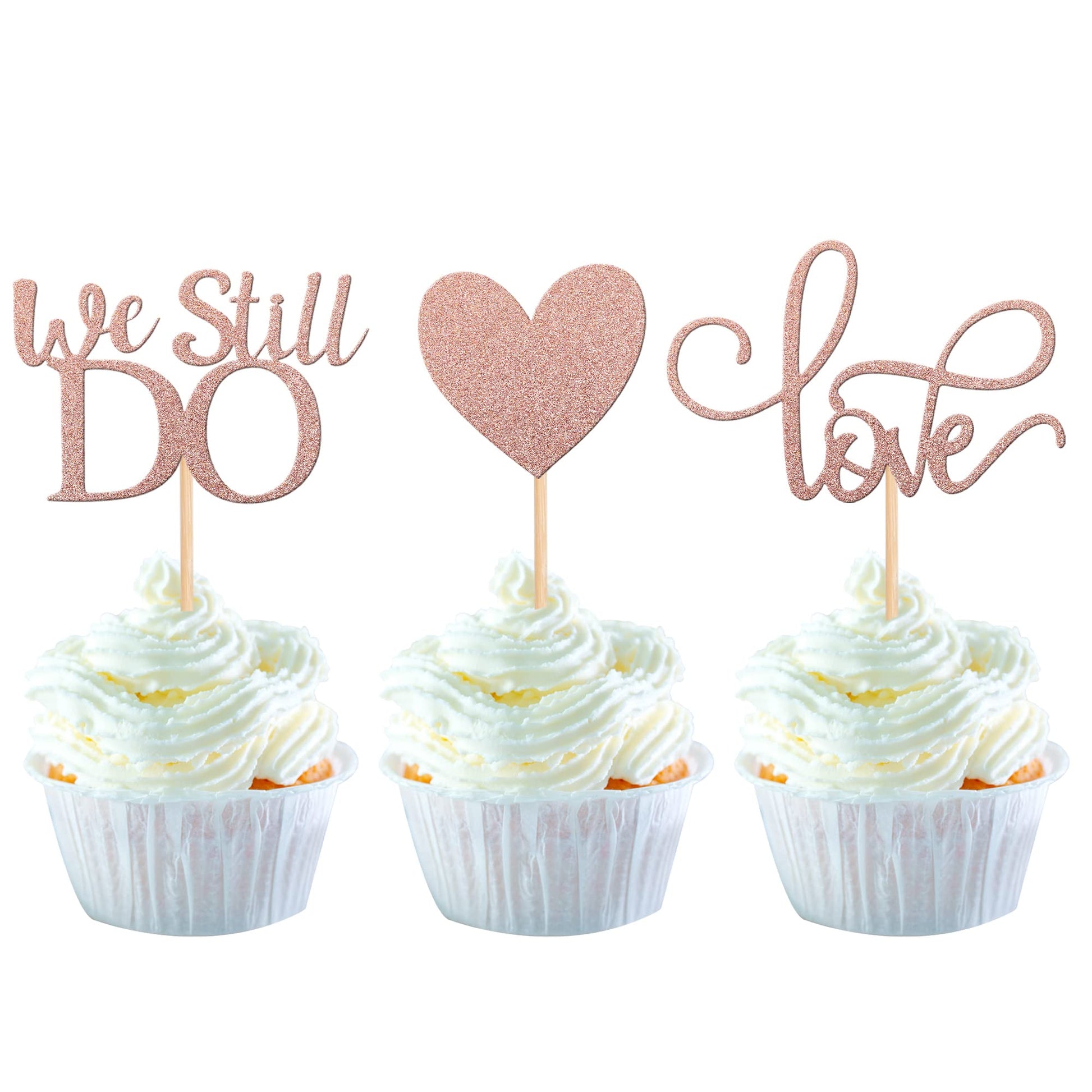YCTHUNFISH Cupcake Toppers - 24 Pack Glitter Love Heart - Rose Gold Paper Decorations for Weddings, Anniversaries, and Birthdays