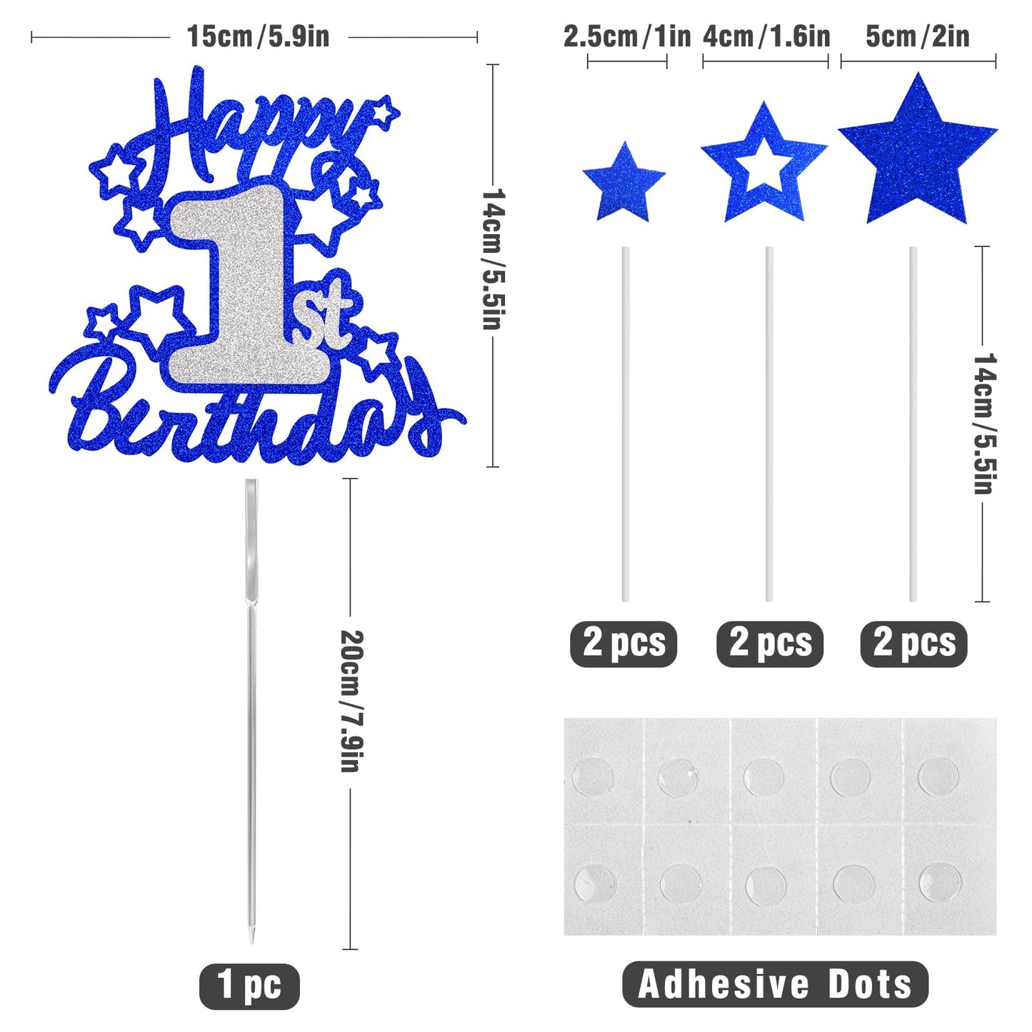 OffiCreative Happy 1st Birthday Cake Topper, Blue Silver Glitter Cardstock Decoration for 1 Year Old Baby Birthday Party