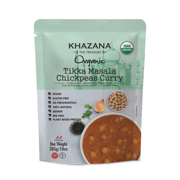 Khazana Organic Ready to Eat Meals - Tikka Masala Chickpeas Curry (Pack of 1, 10oz Pouches) - Non-GMO, Vegan, Gluten Free & Kosh